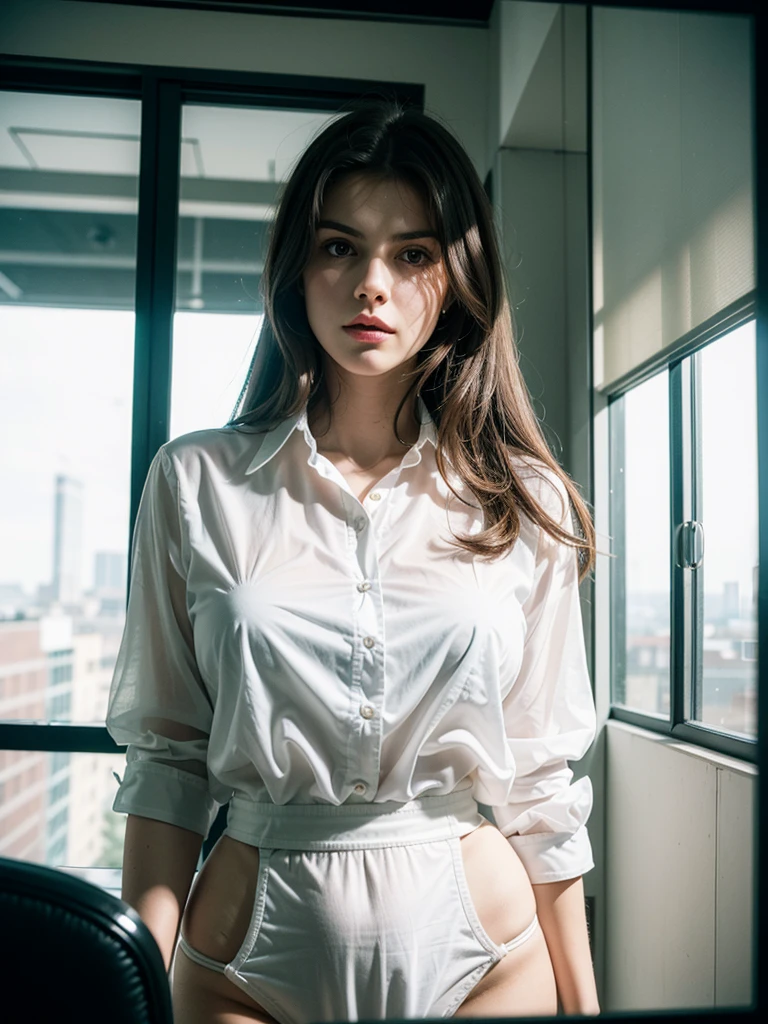 (masterpiece,High quality:1.3), (depth of fields:1.3) (cinematic), (hyper-realistic), (sharp), (detail) , ((front body:1.35)), Caucasian, woman, Alexandra Daddario, using smartphone, 1 girl (Women's business black micro bikini, White transparent collared shirt:1.2), Huge Lage breasts, Huge Large Round Ass , Huge Large Bubble Butt, (Looking at Viewer:1.3), (full body:1.2), Inside the office table by the window in the building