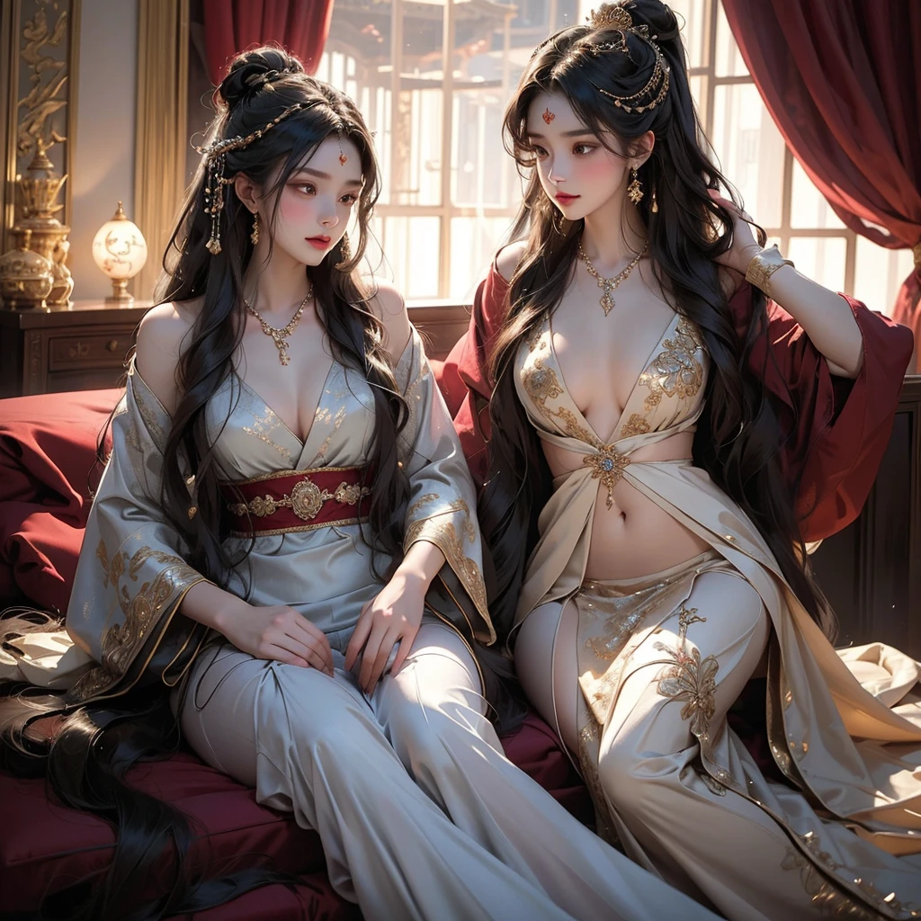 1. Three aristocratic ladies, embodying elegance and luxury, are reclined on a plush bed in an opulent Chinese-style bedroom, their bodies intertwined in a forbidden yet intimate moment. The scene is captured in exquisite detail, a masterpiece of artistry, with high-resolution images revealing every intricate stitch in their luxurious hanfu and the delicate lines of their Chinese underwear. The ladies, adorned with intricate crown jewels, delicate necklaces, and long hair adorned with hair ornaments, are locked in a passionate kiss, their teeth shining brightly against the dark studio backdrop. The atmosphere is electric, filled with the soft light