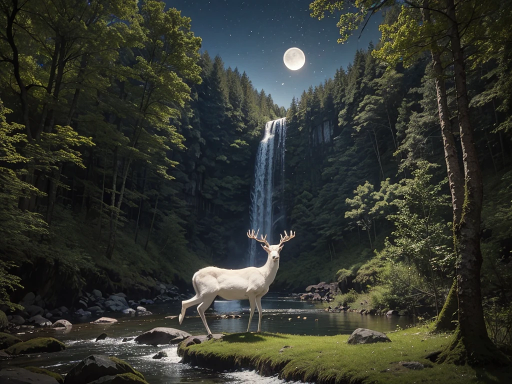 Beautiful forest, detailed image of a male white deer with large horns, moonlit night, waterfall in the valley, masterpiece, detailed moon, detailed expression