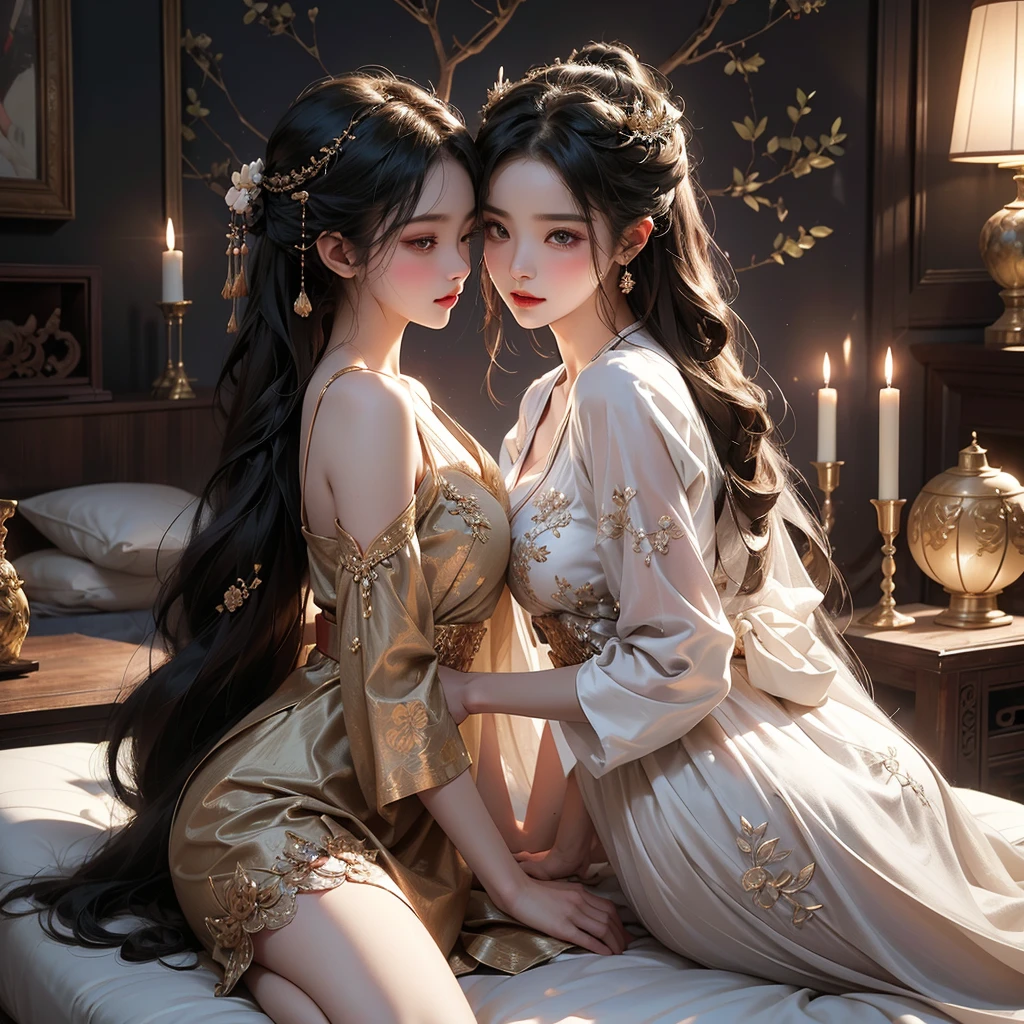 In this best quality masterpiece, captured in highres, we see three noble girls in a luxurious chambers bedroom background. They are lying on a bed, their bodies intertwined intimately as they engage in passionate acts of love. Shot from behind, we witness their sensual connection as they kiss and explore each other's bodies with a seductive touch. The scene is both alluring and forbidden, depicting the beauty of Asian culture with the intricate details of hanfu attire. The long dresses, adorned in various colors, are complemented by thin lace nightgowns that expose deep slits in their chests. Underneath their garments, they wear traditional Chinese underwear and stockings, all of them adorned with delicate lace and mesh patterns. The stockings are held in place by g