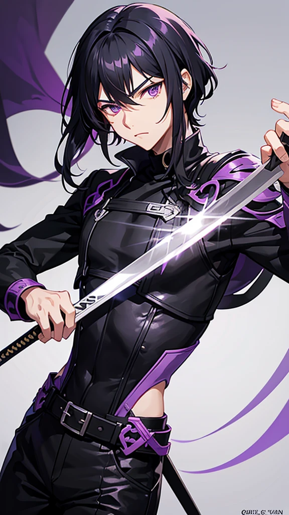 Male character with black hair and purple eyes and swords and black clothes