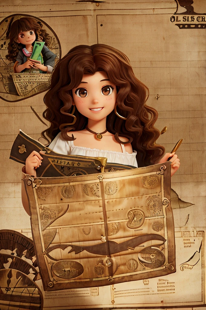 , 18 years old, shoulder-length curly brown hair, bright brown eyes, happy and smiling, very smart. with her and her mother with long curly hair. ((((Girl finds an old treasure map.))))