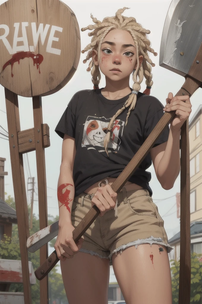 16 year old with very loose street style clothes and white skin, blonde short dreadlocks in her hair and holding an ax with the wooden handle, a little chubby with just a tattoo on her left arm, wound with a lot of blood, a lot of blood