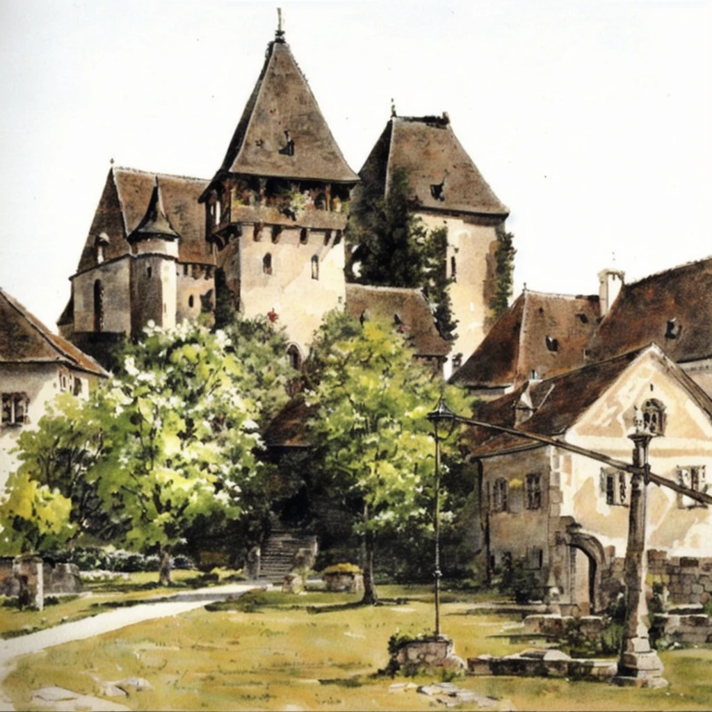 Painting of a castle with bell tower and garden, by Georg Scholz, by Sigmund Freudenberger, by Rudolf Schlichter, by Konrad Grob, by Jürg Kreienbühl, detmold charles maurice, by Adolf Born, old castle, by Karl Pümpin, by Ulrich Leman