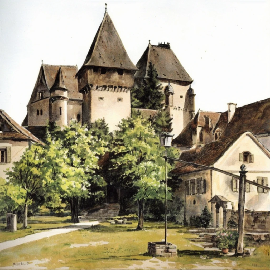Painting of a castle with bell tower and garden, by Georg Scholz, by Sigmund Freudenberger, by Rudolf Schlichter, by Konrad Grob, by Jürg Kreienbühl, detmold charles maurice, by Adolf Born, old castle, by Karl Pümpin, by Ulrich Leman