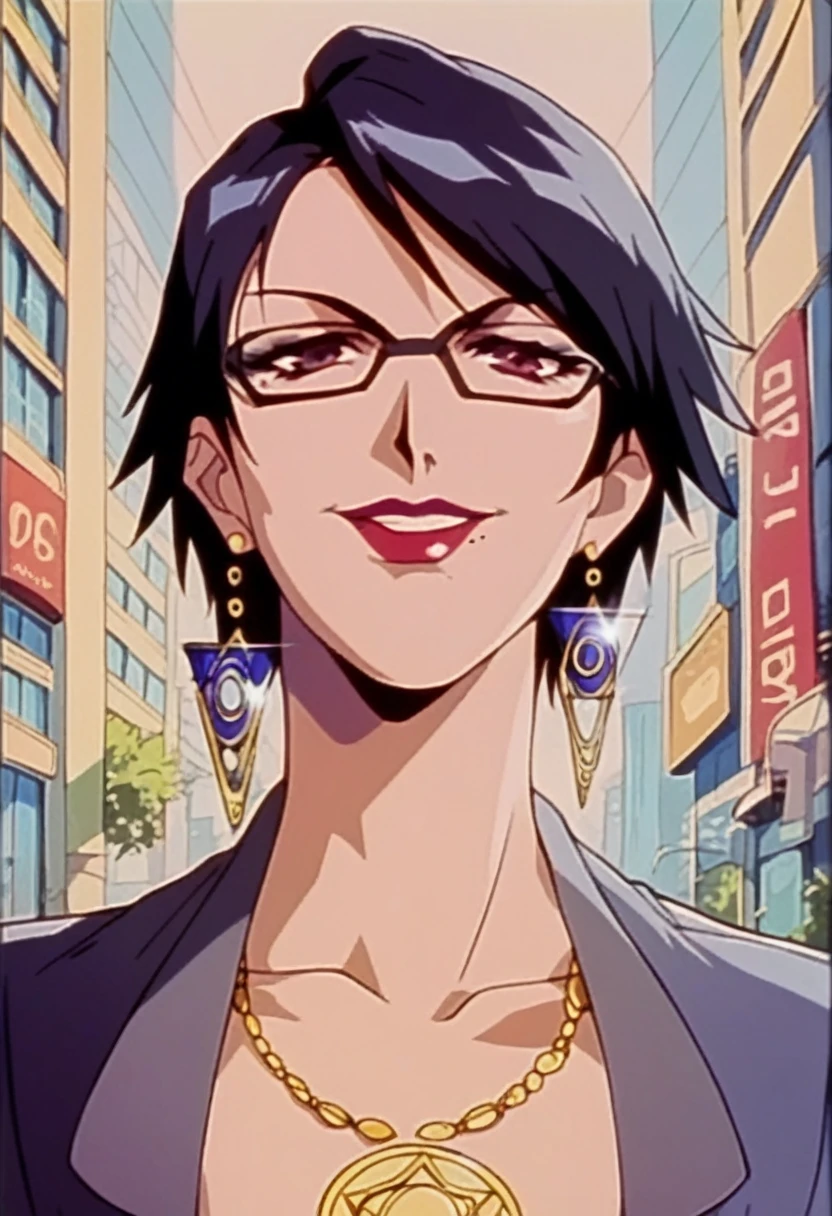  bayonetta, milf, city background, naughty smile