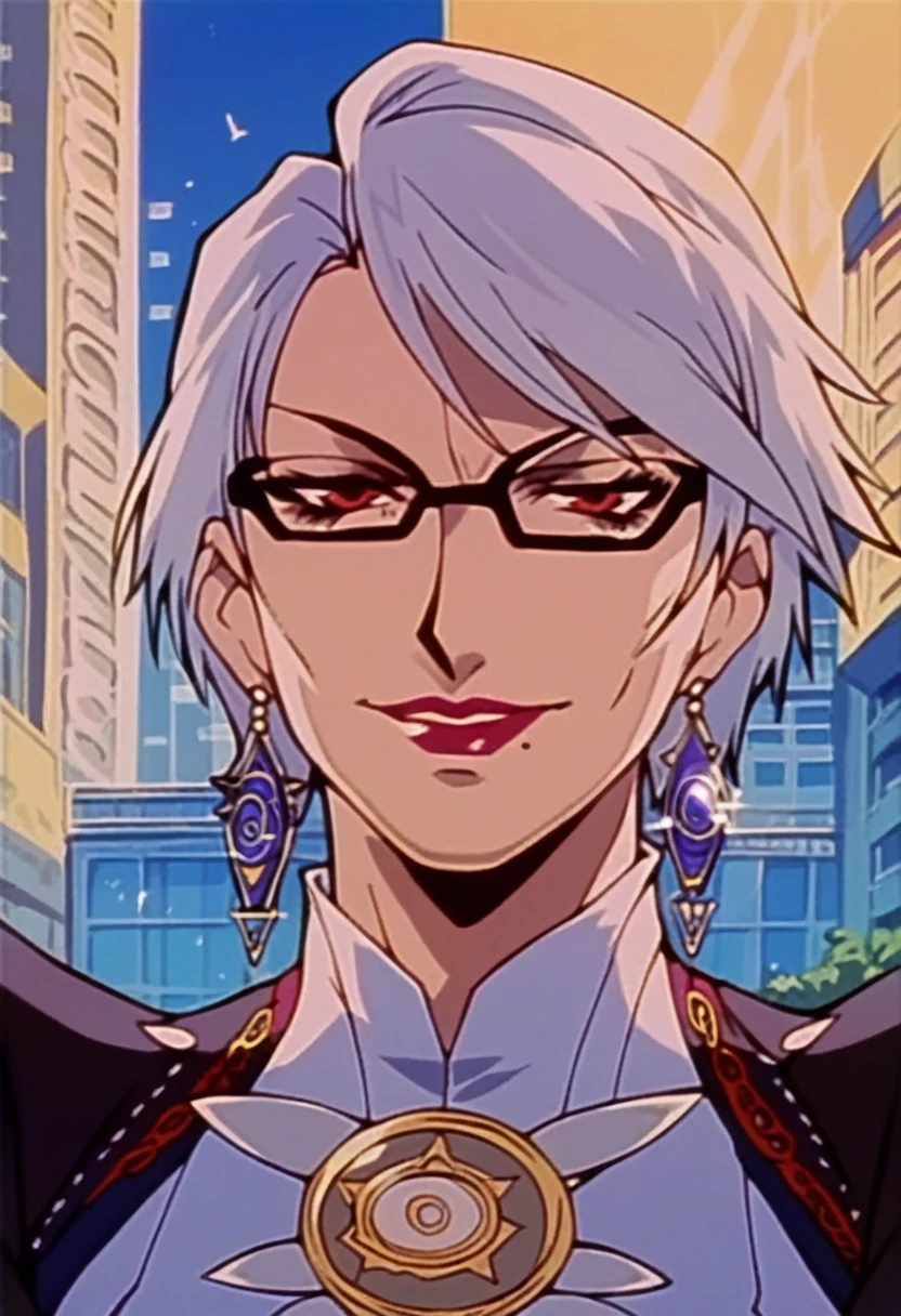  bayonetta, milf, city background, naughty smile