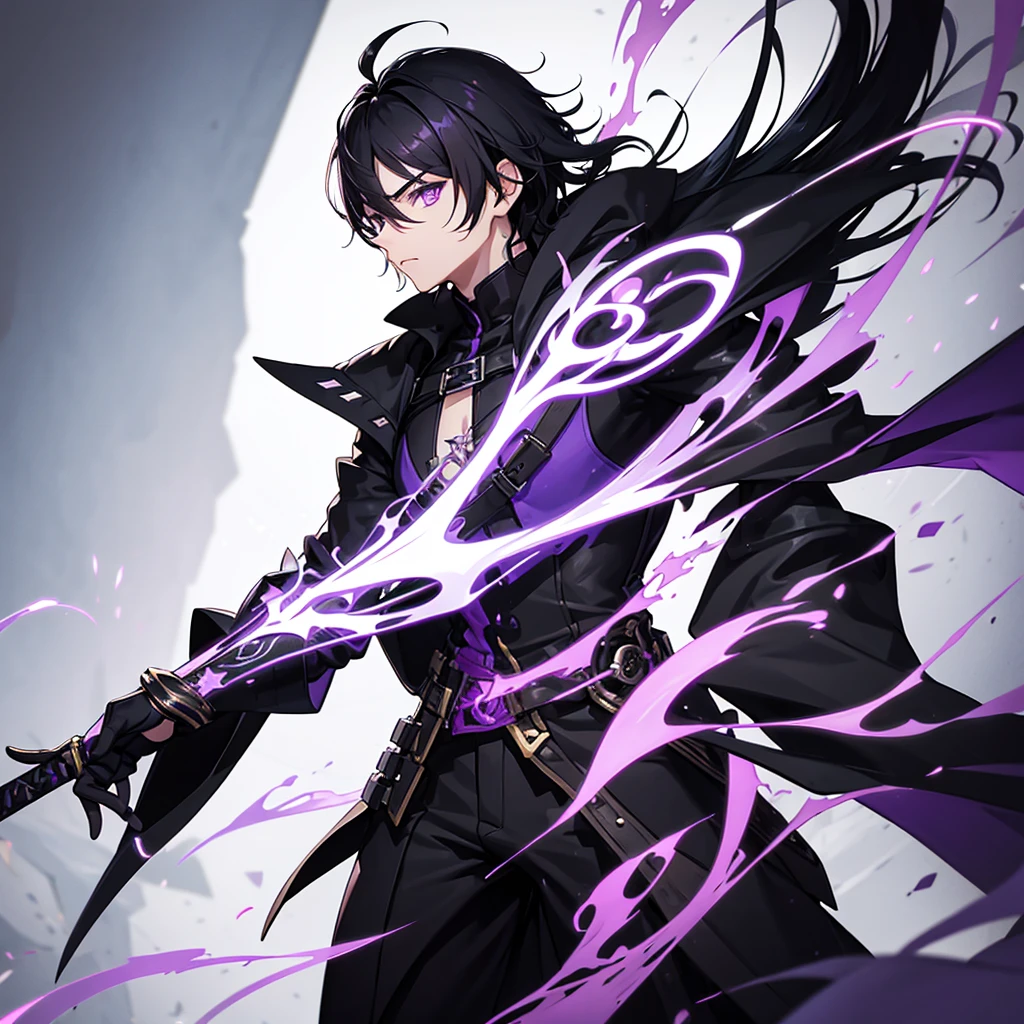 Male character with black hair and purple eyes and swords and black clothes