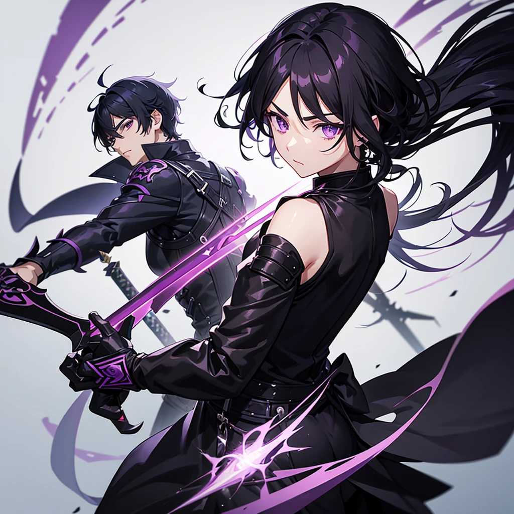 Male character with black hair and purple eyes and swords and black clothes