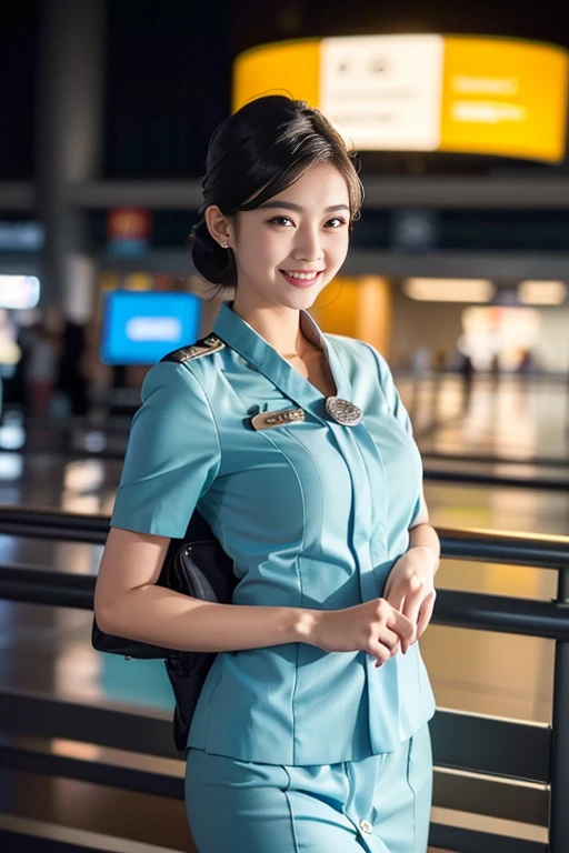 (A beautiful Chindo woman, age 22, she's a Air stewardess wearing garudaindonesia uniform, catwalk in Incheon Int'l Airport, kind expression, dimpled smile, cute snaggle-tooth, beautiful detailed face, beautiful detailed eyes, ample round bosom, french twist hairstyle, photorealistic, hyper-realism, high contrast, ultra HD, realistic skin textures, top image quality, top-quality, super high resolution, fine details, very meticulously, masterpiece, head to hips, the cowboy shot, calming atmosphere, bokeh night background)