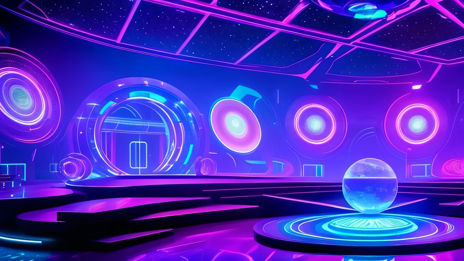 Futuristic Setting: A floating circular stage, surrounded by neon holograms that project ever-changing images of alien landscapes and futuristic cityscapes. At the center, a crystal pedestal emitting pulsating light, where each hologram appears to interact with the music.