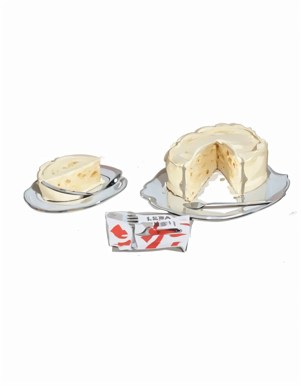 breakfast foods a french bread on a white plate,a round orange cake missing a slice , It's a tub of margarine