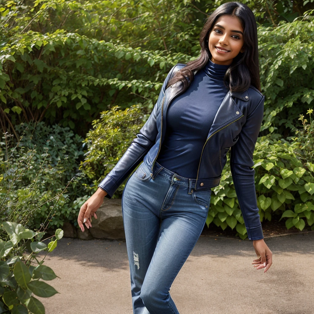 25 years old Indian girl , perfect breasts, extreme beautiful face, perfect body with feminine curves,(open leather jacket:1.25), (navy blue turtleneck long sleeve slim top:1.1), ( blue jeans:1.2), bright smile , look at viewer, garden background ,casual pose , walking towards camera , detailed face,8k