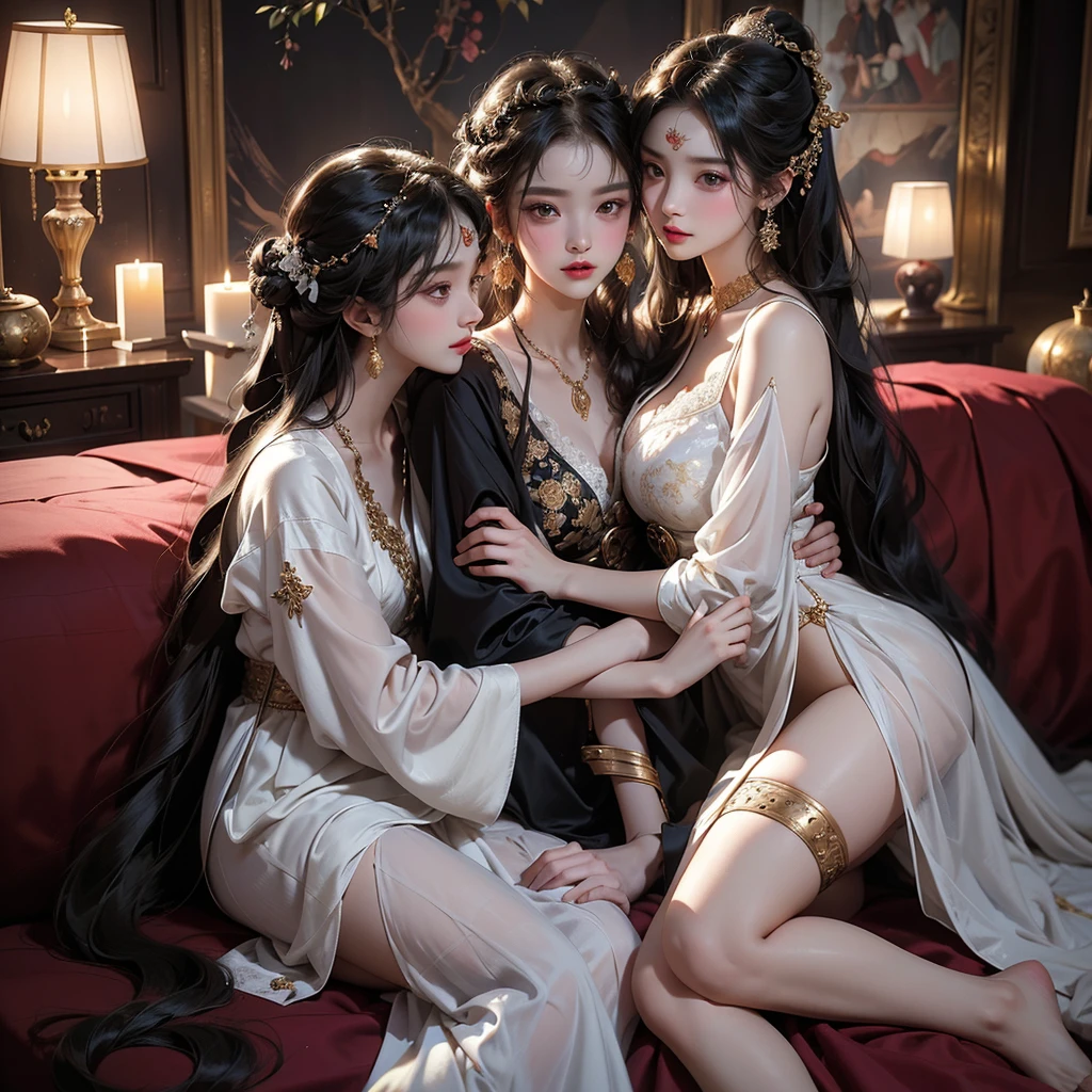 1. Best quality: The scene features three noble girls in luxurious chambers, each lying on their bed in a bedroom background filled with opulent details. Their poses are intimate as they engage in a forbidden act, their lips locked in a passionate kiss, their bodies entwined in a seductive embrace. The lighting is low and candid, highlighting their white and even teeth, irises filled with sharp and detailed makeup, and long hair adorned with ornaments and jewelry.

2. Masterpiece: This high-resolution image captures three Asian girls in traditional hanfu, each wearing a nightgown with a deep slit chest, revealing their lace undergarments and stockings.