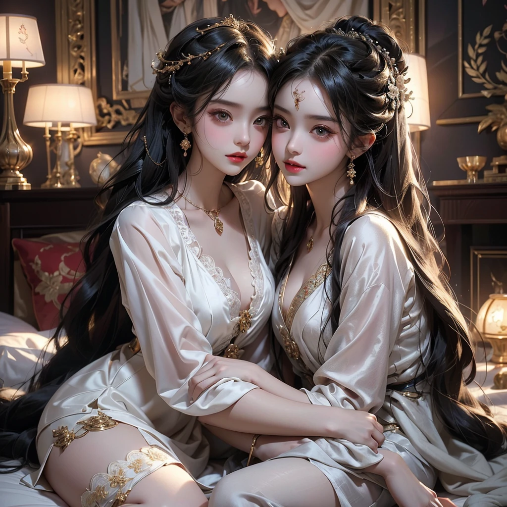 1. Best quality: The scene features three noble girls in luxurious chambers, each lying on their bed in a bedroom background filled with opulent details. Their poses are intimate as they engage in a forbidden act, their lips locked in a passionate kiss, their bodies entwined in a seductive embrace. The lighting is low and candid, highlighting their white and even teeth, irises filled with sharp and detailed makeup, and long hair adorned with ornaments and jewelry.

2. Masterpiece: This high-resolution image captures three Asian girls in traditional hanfu, each wearing a nightgown with a deep slit chest, revealing their lace undergarments and stockings.