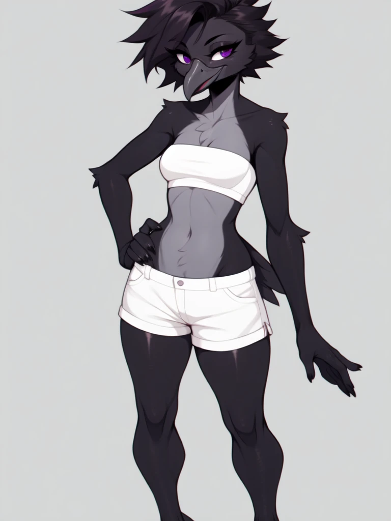 Score_9, score_8_up, score_7_up, flat colors, an Anthro avian crow girl, female, small grey beak, tall, small crow tail, black body, white background, purple eyes, short black emo hair, purple highlights in hair, hands with five fingers, naked, barefoot, bird leg texture, bird arm texture, 5 toes, toe claws, sitting, feet focus,
