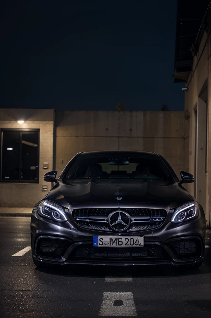une mercedes c63 AMG dans la nuit avec les phares allumer