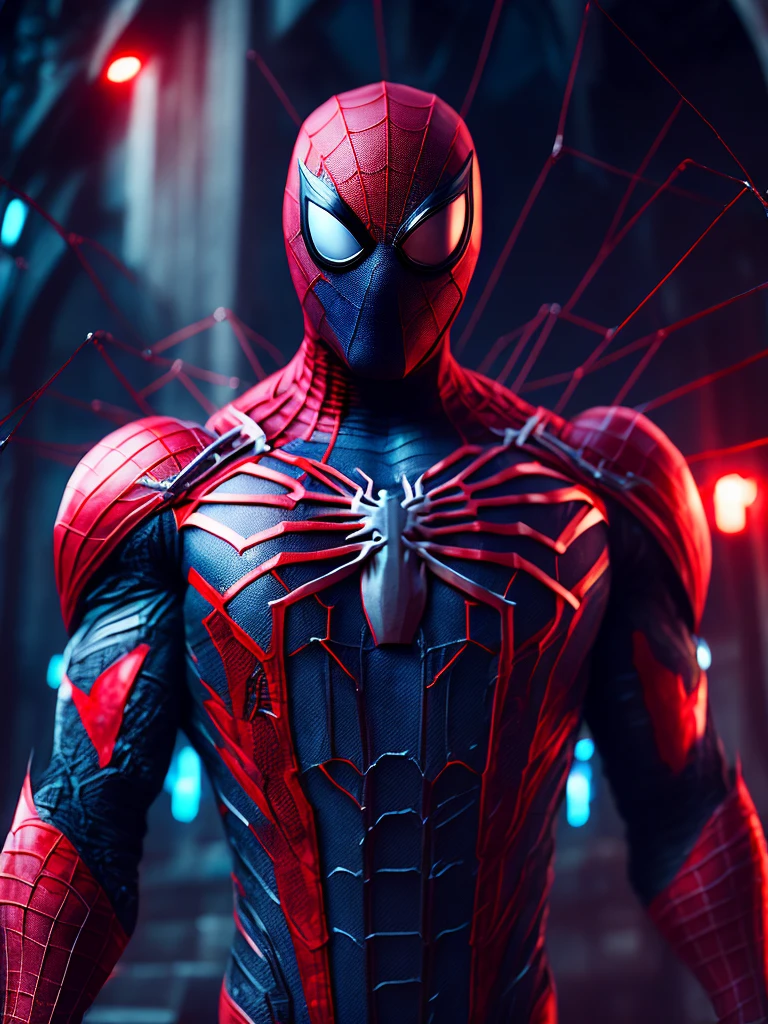 мрачный портрет Killer Spider-Man (The whole suit is covered in blood, torn suit pieces) da Marvel, with intricate and angular cybernetic implants inside a brutalist building, Gothic brutalist cathedral, Cyberpunk, Foto premiada, Bokeh, neon lights, Membro 4K Cyber ,