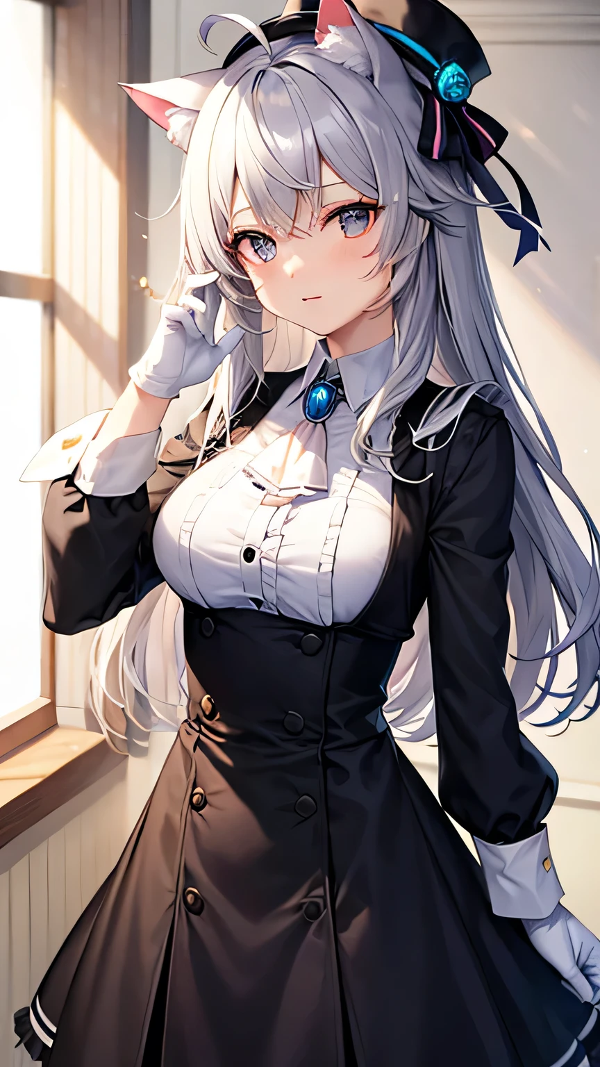 Cat Girl, Cat ear, Cat&#39;tail, Cat&#39;eyes, silk hat, 
One Girl, エメラルドグリーンeyes, Silver Hair, Gray Hair, Striped Hair, gloves, Top Hat, white gloves, Blue Hat, Ahoge, black gloves, Long sleeve, Ascot, jewelry, brooch, Black Hat, Frills, Gray Hair, Striped Hair, gloves, have, white gloves, Blue Hat, Ahoge, black gloves, Long sleeve, Ascot, jewelry, brooch, Black Hat, Frills, One Girl