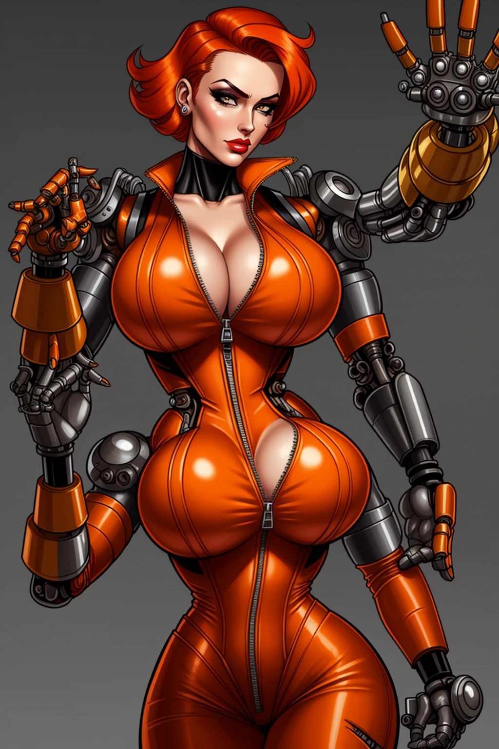 A gorgeous mechanic, femme fatale, in an atompunk style, set against a blank background with retro-futuristic elements, wearing an unzipped orange jumpsuit revealing , with a mechanical hand, cybernetic augments, half-shaved ginger hair, gunmetal grey accents