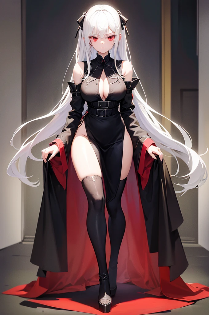 Girl, 20 years old, with long white hair down to below her waist, a serious yet tender expression, and red eyes. Her hair features black streaks. She wears antique-style clothing, a long black dress with a slit on the legs, and high black boots that almost reach her knees. Her power and background are related to shadows and darkness. dark escense, figth stance