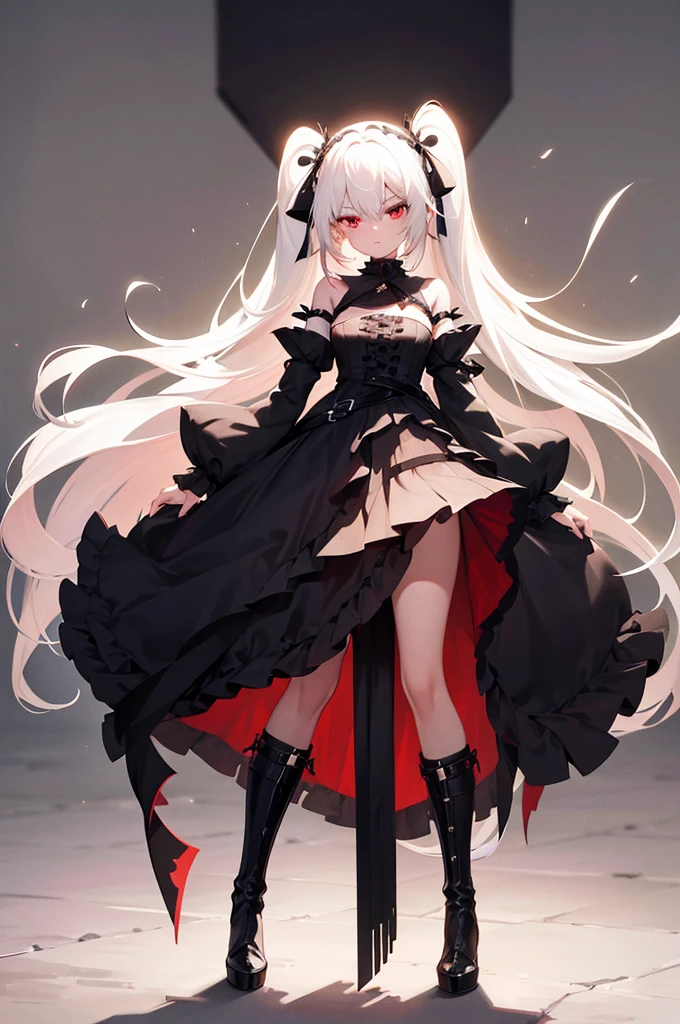 Girl, 20 years old, with long white hair down to below her waist, a serious yet tender expression, and red eyes. Her hair features black streaks. She wears antique-style clothing, a long black dress with a slit on the legs, and high black boots that almost reach her knees. Her power and background are related to shadows and darkness. dark escense, figth stance