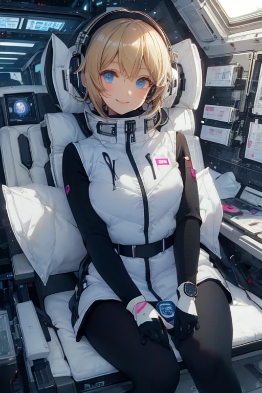 masterpiece, highest quality, high resolution, breasts, 20yo,1 girl,(solo):2,,blonde hair,(inside space station):2,flying:2,floatong:2,zero gravity,wind:1.5,anime lovelive style,
BREAK
headphone,(futurstic tight-fit bodysuit):2,(shiny silver long downvest):100,(northface silver metallic puffy downvest):2,(puffy):2,(black sleeves):5,(black tights):2,(black belt),futuristic boots and gloves,(smartwatch):100,astrovest
BREAK
1 girls, sitting in spacecraft cabin with 4-point seat belt, securely fastened, space station interior, looking out of large windows at Earth below, beautiful eyes, she have aluminum foil pouch,(aluminum foil pouch with plastic viewing window):2, contains nutritious liquid or puree together, smiling and chatting, bright and cheerful expressions, high quality cinematic lighting, detailed textures, sharp focus,blue hair,blue eyes,
