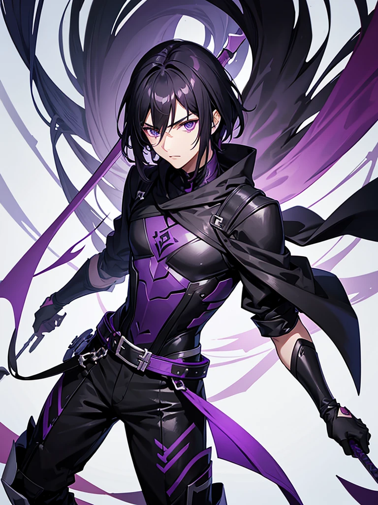 Male character with black hair and purple eyes and swords and black clothes