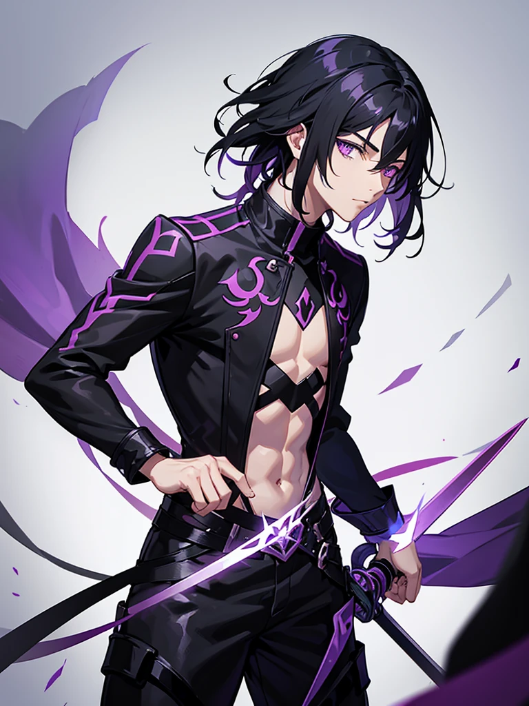 Male character with black hair and purple eyes and swords and black clothes