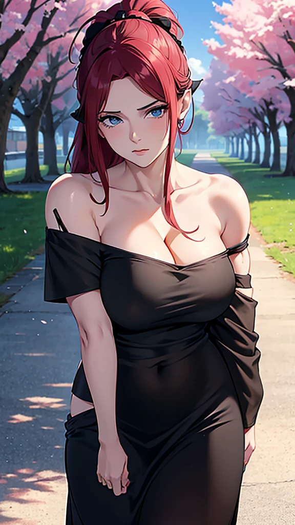 best quality, highres,uzumaki_kushina,Slender、small face、blue eyes、tall、In town、long hair、ponytail,(white short sleeve t-shirt:1.4 BREAK)、(black skirt:1.2)、(beautiful woman:1.6)、25 years old、、midriff peek,(off-the-shoulder:1.9)、(I can see the cleavaface on front , standing,cherry trees,full body shot,huge breast, cleavael