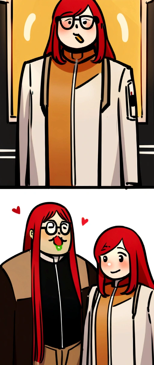a geek couple dressed as Star Wars clothes, in love and entertained with nerdy things and eating MC Donald's lost in space; the skinny red-haired girl; the chubby man with long hair
