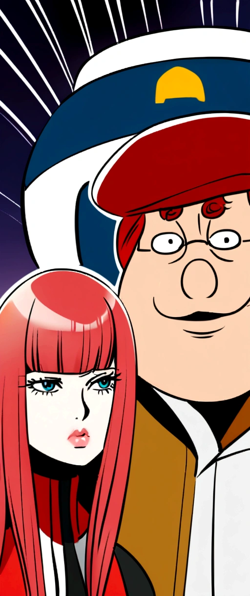 a geek couple dressed as Star Wars clothes, in love and entertained with nerdy things and eating MC Donald's lost in space; the skinny red-haired girl; the chubby man with long hair