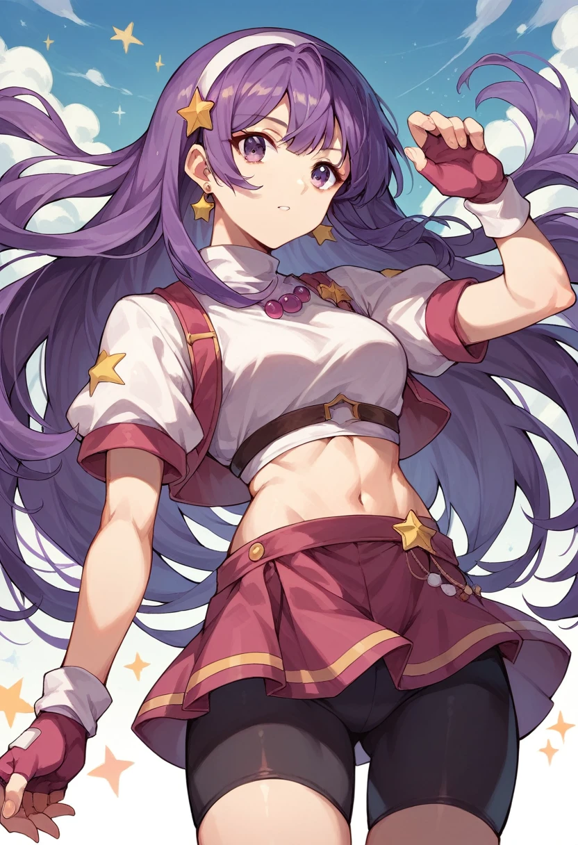 (masterpiece, best quality:1.2), cowboy shot,1girl,solo,purple hair,fingerless gloves,purple eyes,long hair, bike shorts,crop top,star hair ornament,jewelry,earrings,hair ornament,white hairband,asamiya athena