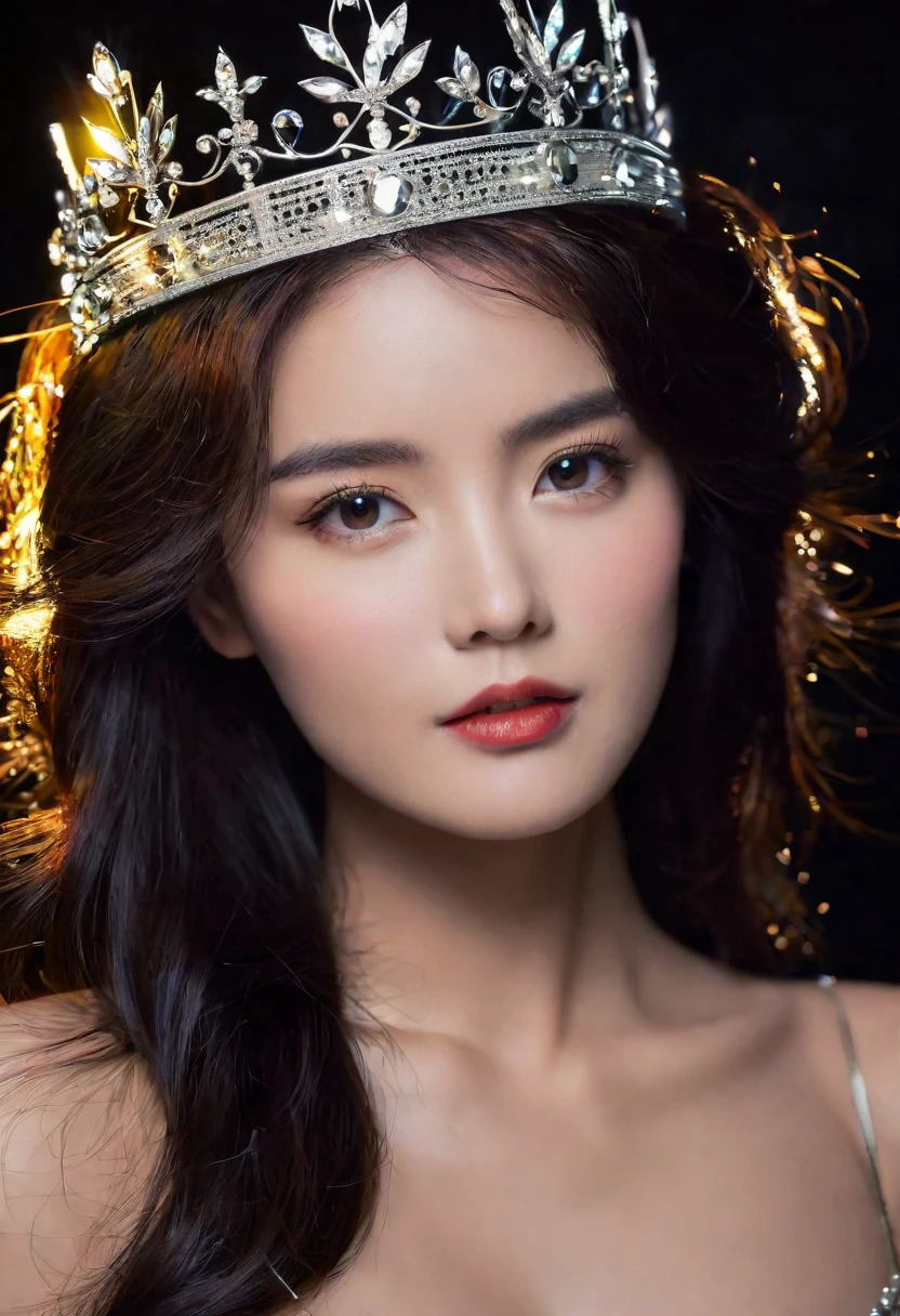 A beautiful woman with an intimate look, with a shiny crown, dark background