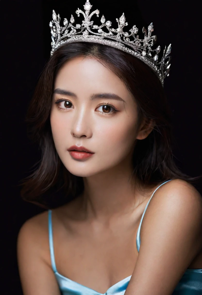 A beautiful woman with an intimate look, with a shiny crown, dark background