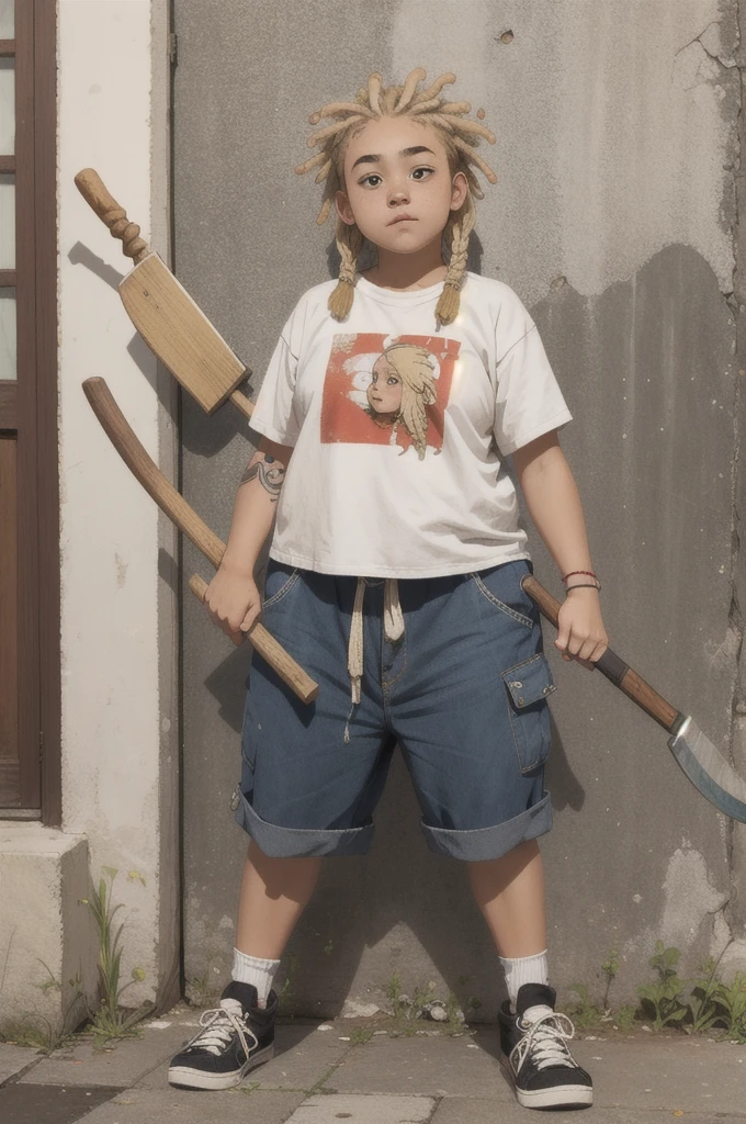 16 year old with very loose street style clothes and white skin, blonde short dreadlocks in her hair and holding an ax with the wooden handle, a little chubby with just a tattoo on her left arm, wound with a lot of blood, a lot of blood
