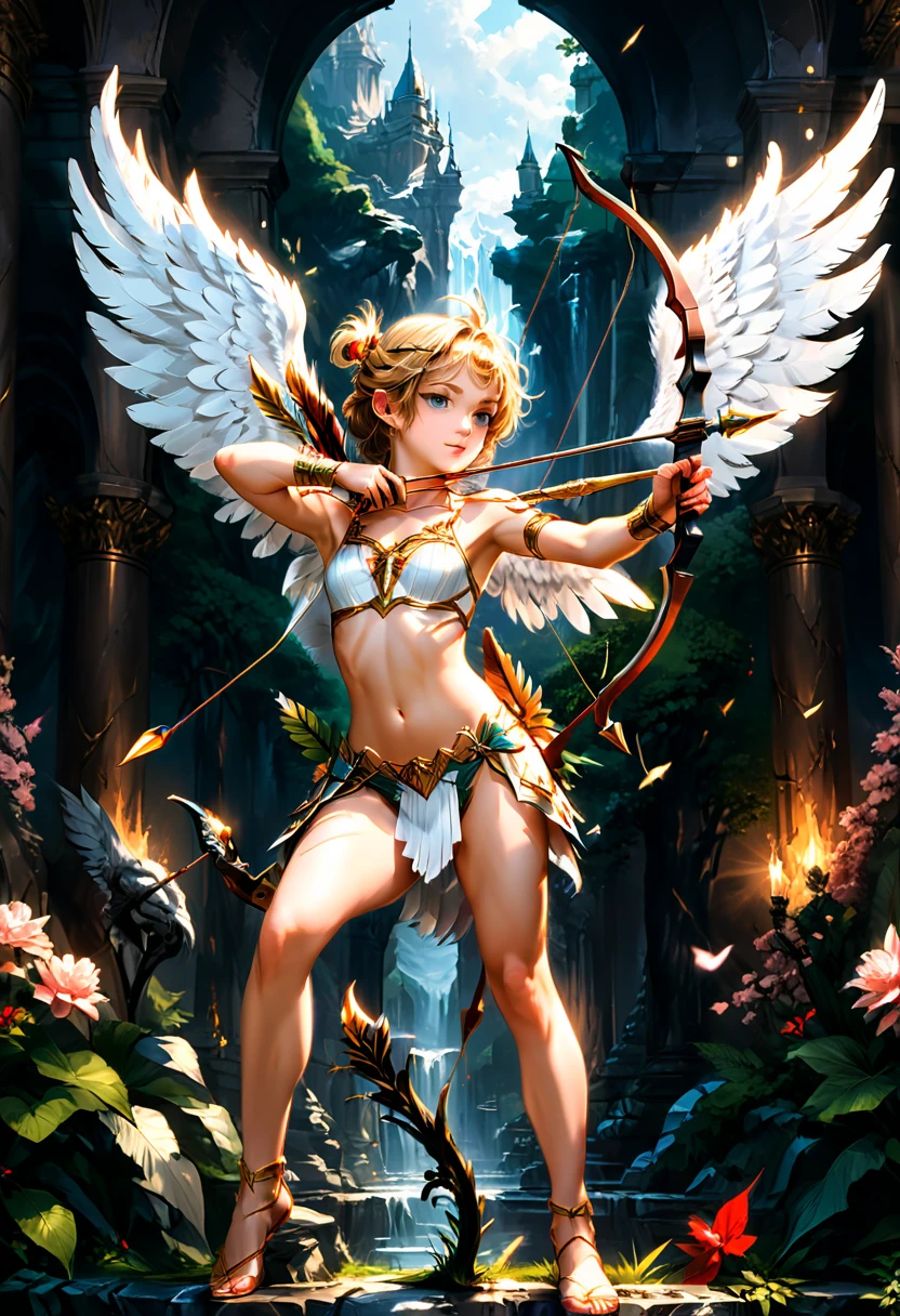 (Archer, bow and arrow, aim), winged Cupid, , full body, (Photography), panoramic view, award-winning, cinematic still, emotional, vignette, dynamic, vivid, (masterpiece, best quality, Professional, perfect composition, very aesthetic, absurdres, ultra-detailed, intricate details:1.3)