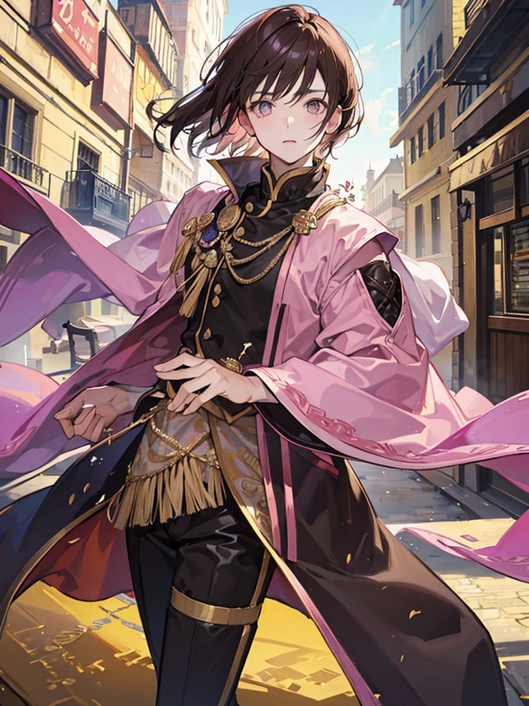 man, pink eyes, short curry brown hair, wear unifrom. handsome man. background in town