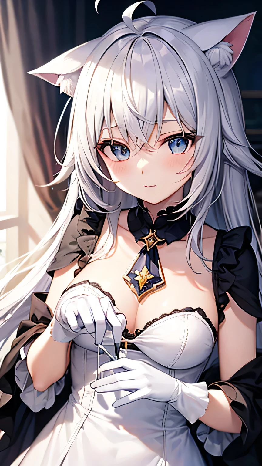 Cat Girl, Cat ear, Cat&#39;tail, Cat&#39;eyes, silk hat, 
One Girl, エメラルドグリーンeyes, Silver Hair, Gray Hair, Striped Hair, gloves, Top Hat, white gloves, Blue Hat, Ahoge, black gloves, Long sleeve, Ascot, jewelry, brooch, Black Hat, Frills, Gray Hair, Striped Hair, gloves, have, white gloves, Blue Hat, Ahoge, black gloves, Long sleeve, Ascot, jewelry, brooch, Black Hat, Frills, One Girl