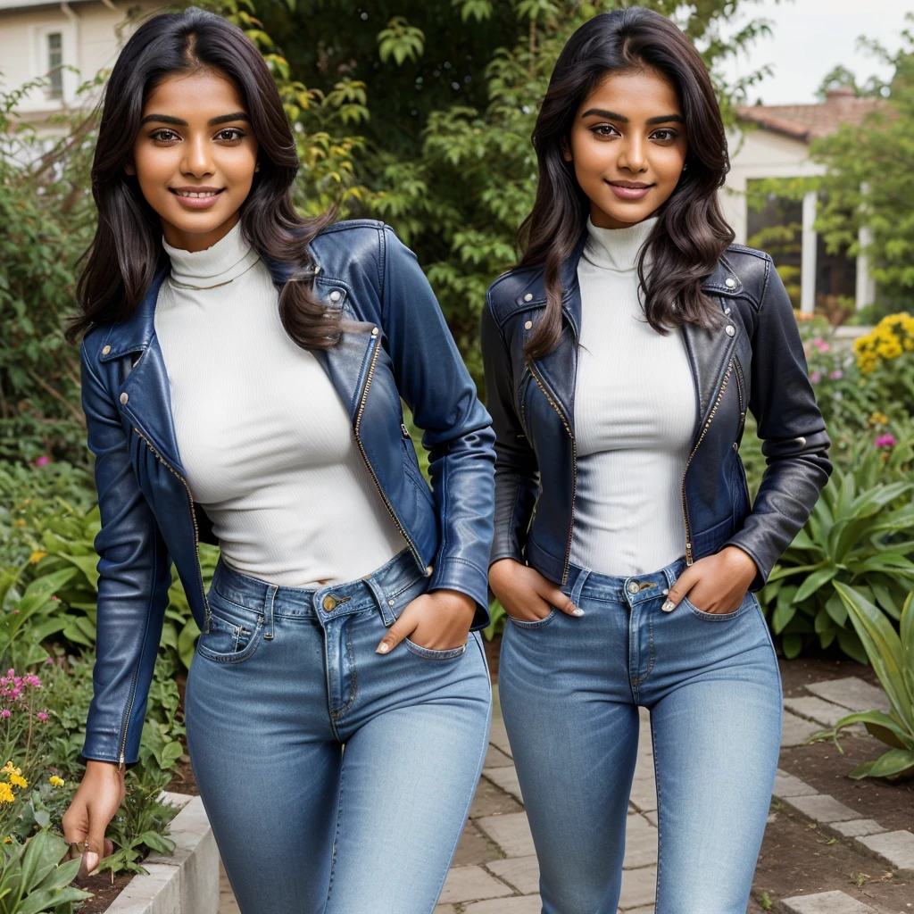 25 years old Indian girl , perfect breasts, extreme beautiful face, perfect body with  feminine curves,(open leather jacket:1.25), (navy blue turtleneck long sleeve slim top:1.1), ( blue  jeans:1.2), bright smile , look at viewer, garden  background ,casual pose , walking towards camera , detailed face,8k