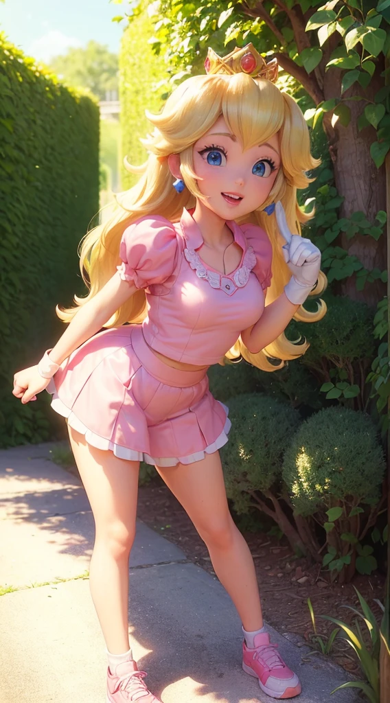 (Outdoors surrounded by beautiful greenery), (((Little Princess Peach in a gorgeous pink tennis wear and short white skirt))), she is kind and considerate、A gentle smile。., He is over six feet tall、Blonde with a golden crown、He is wearing white golf gloves。. Focusing on the alluring large breasts, ( Large Breasts), Peach-shaped buttocks. Back Pose, ((vaginale, missionary)), (((vaginale,Sex))), (((cum in pussy))), 