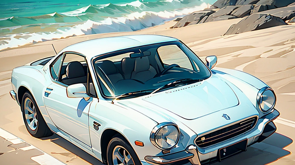 Side view of a young woman in her 20s wearing sunglasses driving a white sports car along the beach.