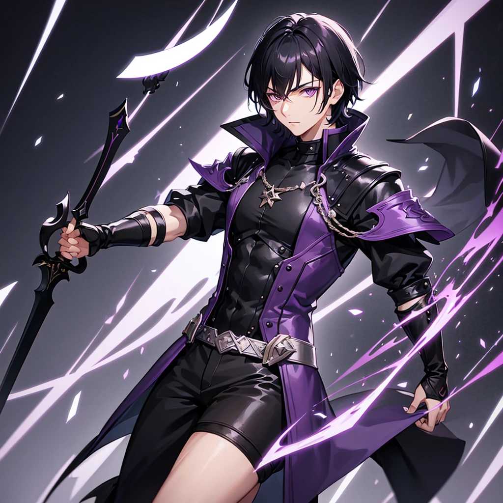 Male character with black hair and purple eyes and swords and black clothes