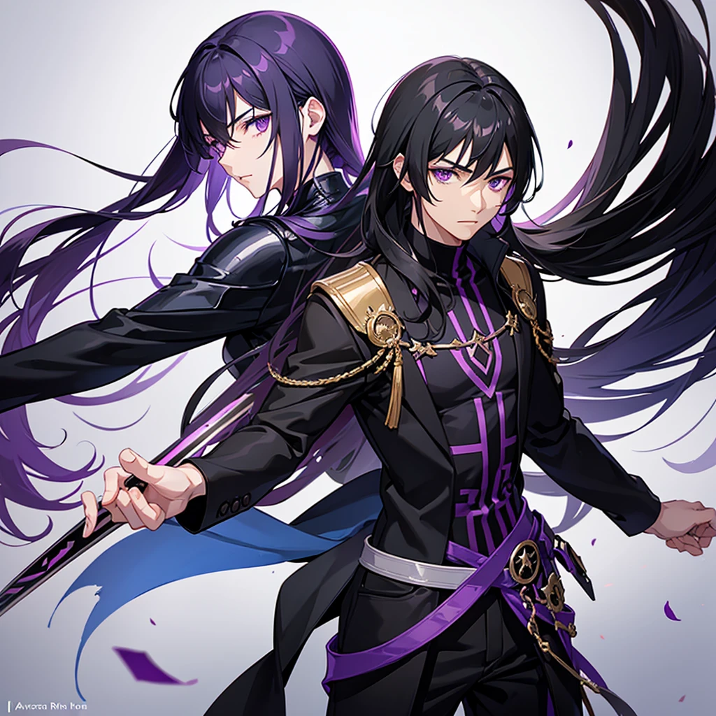 Male character with black hair and purple eyes and swords and black clothes