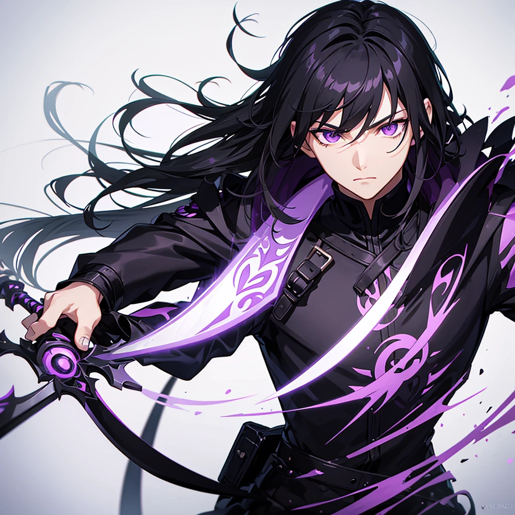 Male character with black hair and purple eyes and swords and black clothes