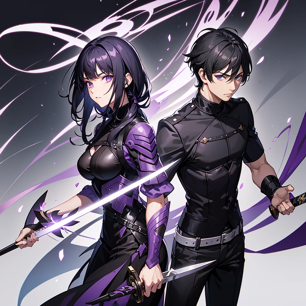 Male character with black hair and purple eyes and swords and black clothes