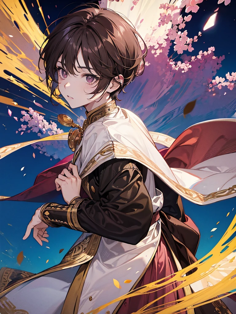 man, pink eyes, short curry brown hair, wear unifrom. handsome man. background in town