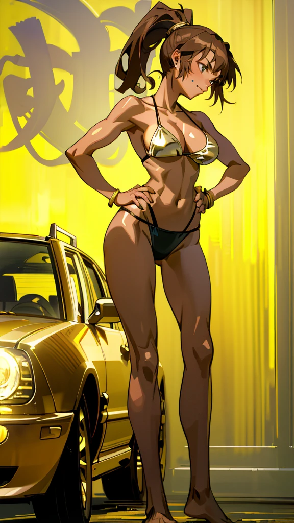 Masterpiece, best quality, Masterpiece, best quality, 1 woman, brown hair ponytail , sly face , smile , gold bikini , abdomen, big breasts , Long legs , Barefoot , hands on hips , car , nighttime