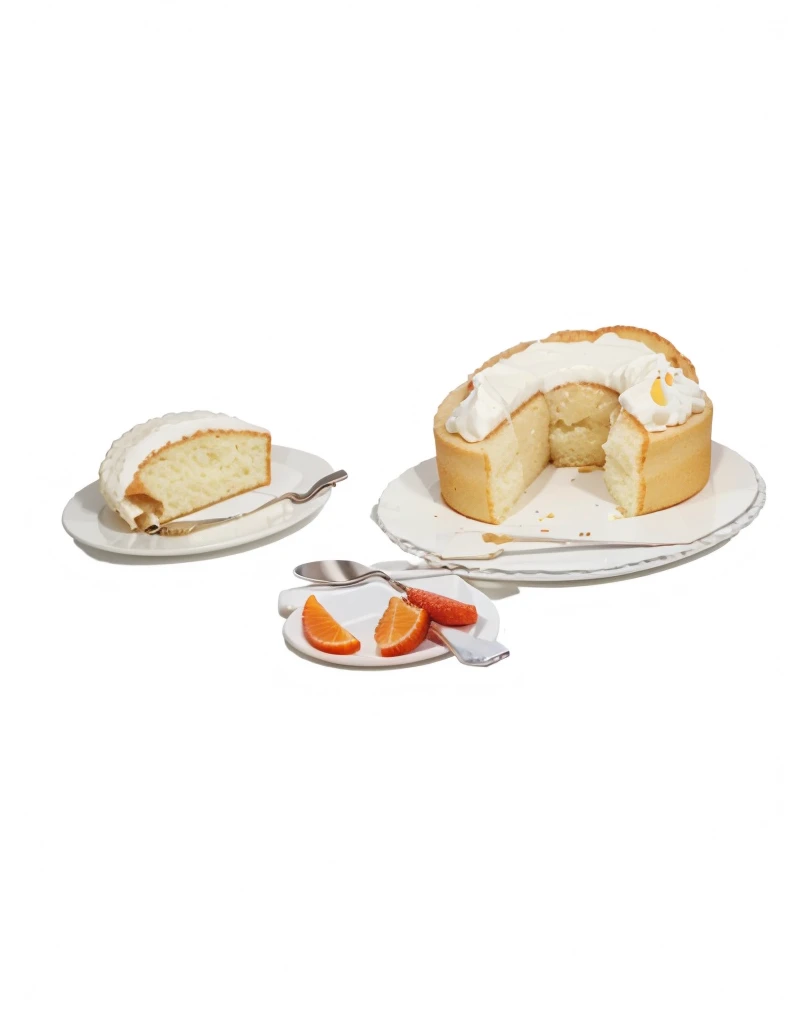 breakfast foods a french bread on a white plate,a round orange cake missing a slice , It's a tub of margarine