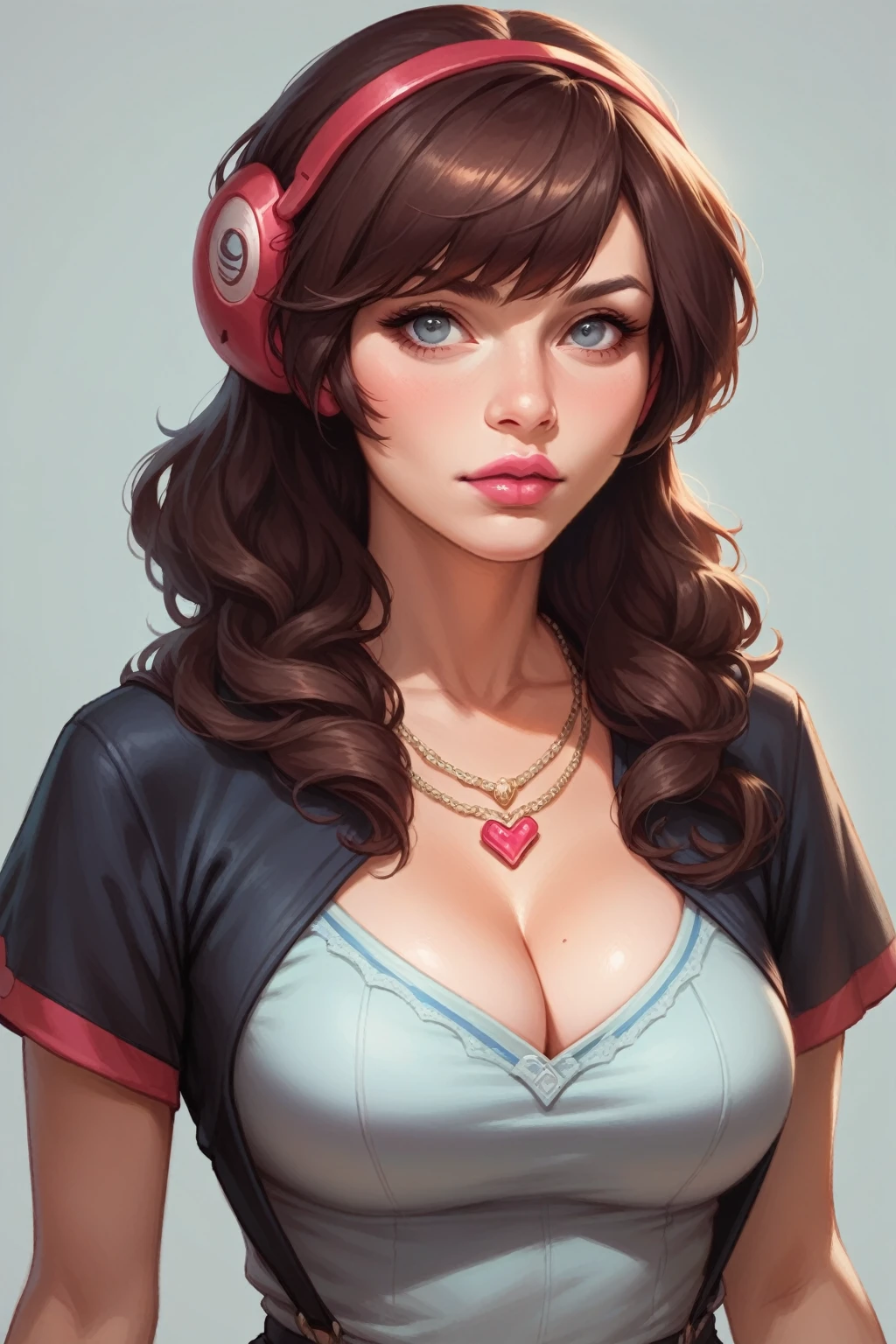 Brown Haired girl, red headphone in hair, blue-grey eyes, necklace, cleavage, pink lips, sweet girl. Grey background. Masterpiece, detailed, UHD